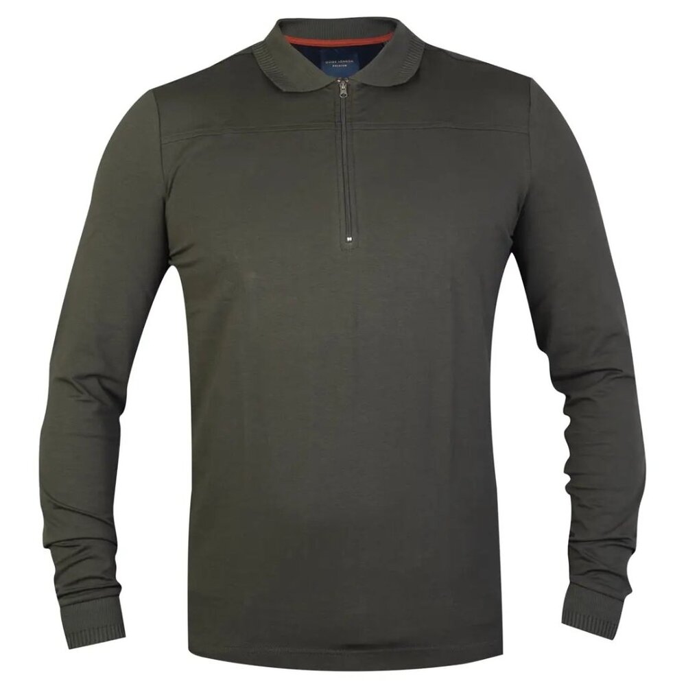 Guide London Olive Green Solid Jersey Knit Front Zip Long Sleeve Polo